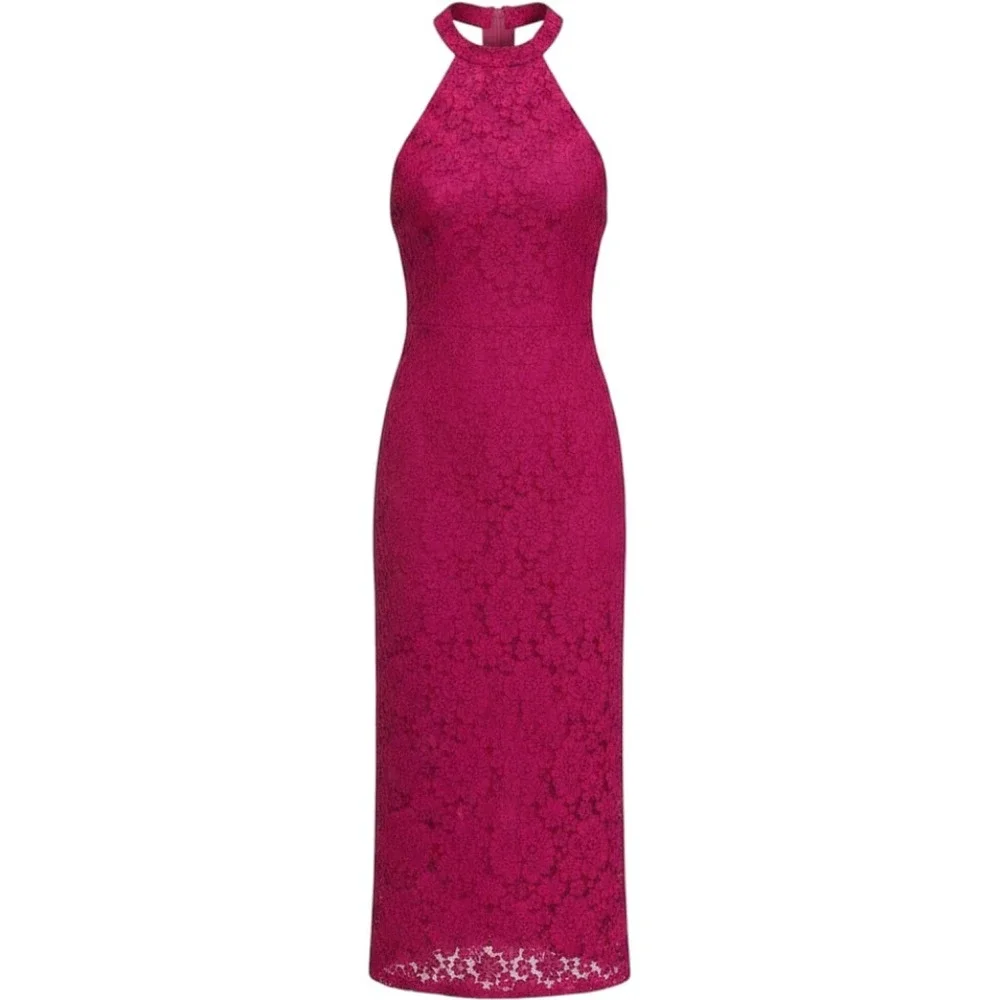 Zara Womens Pink Lace Midi Halter Dress Size Large Special Event Romantic Fushia